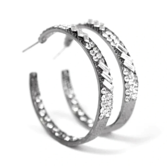 Jewelry - NWT Chunky Gunmetal Silver Sparkling Rhinestone Hoop Earrings
